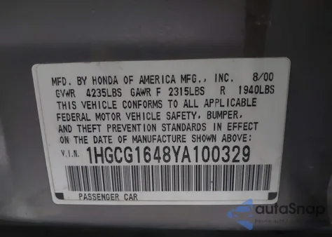 2000 Honda Accord 3.0 Lx from USA, damaged, VIN 1HGCG1648YA100329